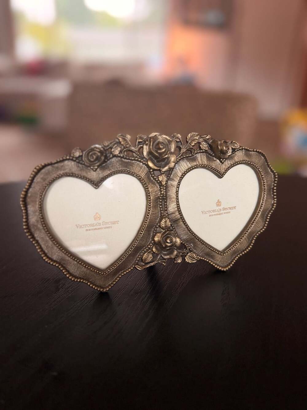 Victoria's Secret Double Heart Vintage Brass Floral Rose Picture Frame